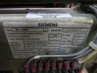 Siemens RLF-3200 3200A Air Breaker LSIG Static Trip III RMS-TSIG-TZ 3200 Amp (DW7973-1)