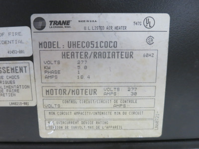 Trane UHEC051C0C0 5 kW Heater 277V 1PH 18.4A UHEC-C051C0C0 277 VAC 30A Motor (DW8014-1)