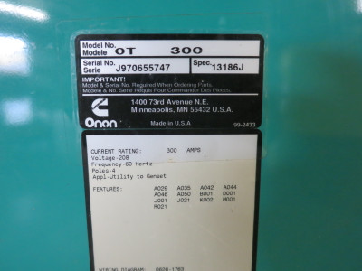 Onan OT-300-13186J 300A 208V Transfer Switch 300 Amp 208 VAC 3PH ATS 306-3491-03 (DW8042-1)