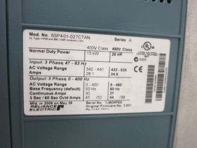 Reliance Electric 6SP401-027CTAN 20 HP SP600 AC VS Drive 480V VFD 480 VAC SP-600 (DW8053-1)