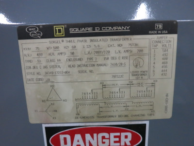 Square D 75 kVA 480 Delta to 208Y/120 V 3PH Dry Type Transformer 75T3H 480V 208 (DW8102-1)