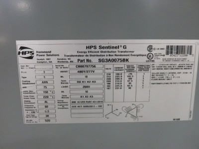 HPS 75 kVA 480Y/277 to 208 Delta V 3PH Transformer SG3A0075BK 480V - 208V 3R (DW8143-1)