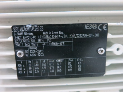 NEW Siemens 1LE10031AC404KF4-Z 1.75 kW AC Motor 400/460V 1AV3104C 2 HP 1170 RPM (DW8157-1)