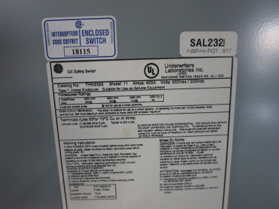GE THN3365 400A 600V Non-Fusible Heavy Duty Safety Switch Disconnect 400 Amp 11 (DW8222-1)