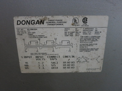 Dongan 63 kVA 575 Delta to 460Y/266 V 3PH Dry Type Transformer 575V - 460V 3R (DW8220-1)