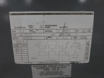 Westinghouse 75 KVA 460 Delta to 460Y/266 V 3PH Dry Type Transformer MD75E92 (DW8247-1)