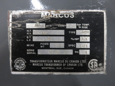 Marcus 30 kVA 600 to 240 V 3PH Autotransformer 600V - 240V 5070 Auto Transformer (DW8282-1)