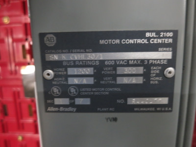 Allen Bradley Centerline 2100 1200/300 Amp 3x MCC Section Motor Control Center (DW8304-1)