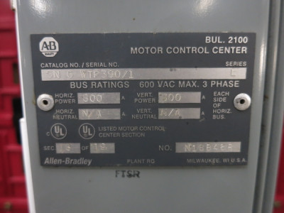 Allen Bradley Centerline 2100 800/300 Amp 2x Section MCC Motor Control Center (DW8307-1)