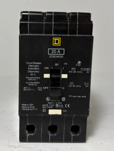 Square D EDB34020 20A Circuit Breaker 3 Pole 18kA @ 480Y/277 VAC 20 Amp HACR (EM5938-5)