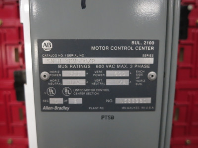 Allen Bradley Centerline 2100 600A 2x Section MCC Motor Control Center 600 Amp M (DW8334-1)