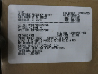 Eaton HVX00714B1B5C2P6 7.5 HP HVX9000 VS Drive IntelliPass Bypass 480V SVX006A1 (DW8337-1)