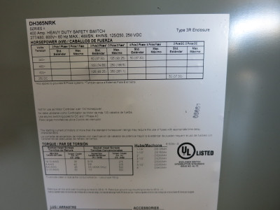 Eaton DH365NRK 400A 600V Fused Safety Switch Disconnect 400 Amp 3R (No Neutral) (DW8346-2)