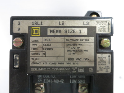 Square D 8536SCO3H200S Size 1 Motor Starter 120V Coil Motor Logic 9065-SS020 (DW8345-1)