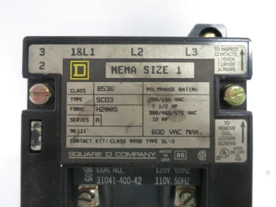 Square D 8536SCO3H200S Size 1 Motor Starter 120V Coil Motor Logic 9065-SS020 (DW8345-1)