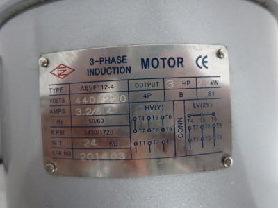Fang Zheng AEVF112-4 3HP AC Motor 220/440V 1430/1750 RPM 2.2 kW (DW8364-2)