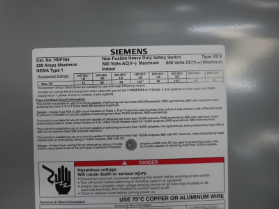 Siemens HNF364 200A 600V Non-Fusible Safety Disconnect Switch 200 Amp HNF-364 (DW8361-1)
