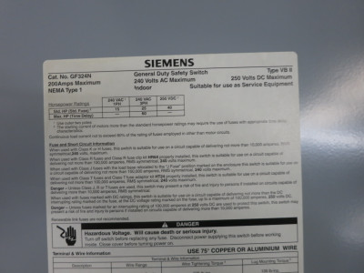 Siemens GF324N 200A 240V Fusible Safety Switch Disconnect 200 Amp GF324-N VBII (DW8362-1)