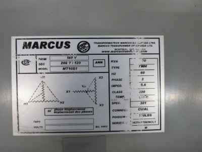 Marcus 10 kVA 480 Delta to 208Y/120 V 3PH Dry Type Transformer MT10B1 TWM 480V (DW8383-2)