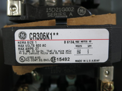 NEW GE CR306K1** Enclosed Size 1 Motor Starter 2P 1PH 120V Coil 15D21G002 2 Pole (DW8403-2)