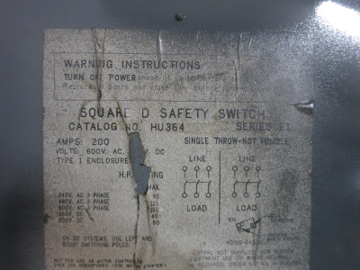 Square D HU364 200A 600V Non-Fusible Safety Switch Disconnect 200 Amp HU-364 E1 (DW8400-1)