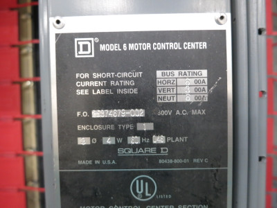 Square D Model 6 600/300 Amp MCC Motor Control Center 4x Section 600A 300A (DW8433-1)