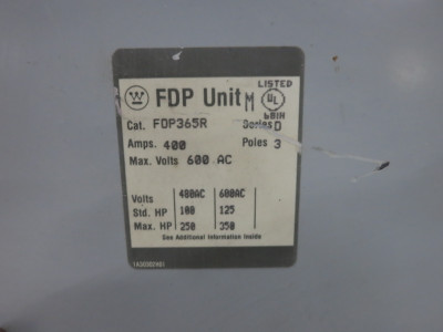 Westinghouse FDP365R 400A 600V Fusible Panelboard Switch FDP Unit FDP365 400 Amp (DW8439-2)