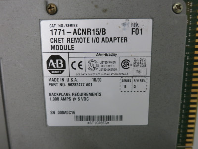 Allen Bradley 1771-ACNR15 Ser B Rev F01 CNET Remote I/O Adapter Module F/W G PLC (DW8456-5)