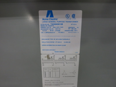 ACME 30 kVA 480 Delta to 208Y/120 V 3PH Dry Type Transformer T3030K0013B 480V 3R (DW8481-1)
