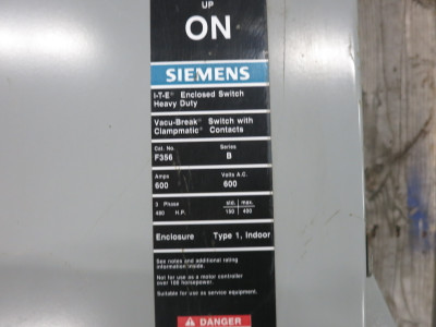 Siemens F356 600A 600V Heavy Duty Fusible Safety Switch Disconnect 600 Amp ITE (DW8522-1)