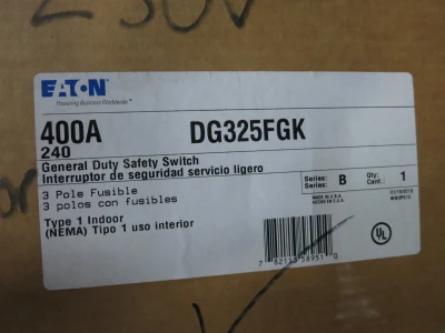 NEW Eaton DG325FGK 400A 240V Fusible Safety Switch Disconnect 400 Amp 240 VAC (DW8552-2)