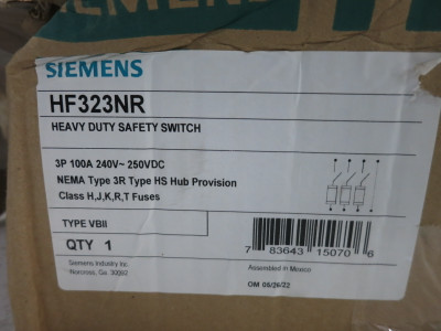 NEW Siemens HF323NR 100A 240V Heavy Duty Safety Switch Disconnect 100 Amp 3R (DW8555-14)