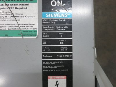 Siemens JN425 400A 240V Fusible Safety Switch Disconnect 400 Amp JN-425 I-T-E (DW8584-1)