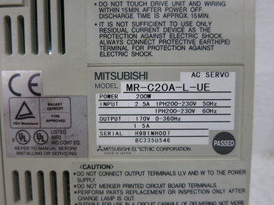 Mitsubishi MR-C20A-L-UE AC Servo Amplifier 200W 200-230V 1PH Melservo Drive (DW8596-1)