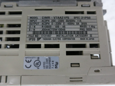 Yaskawa CIMR-V7AA21P5 2 HP VS Mini V7 AC Drive 200-230V 1.5 kW VFD 21P50 (DW8594-1)