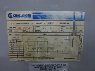 Challenger 660 kVA 2400 Delta to 460Y/266 V 3PH Transformer 663-6P1FUET 2400V (DW8589-1)