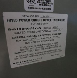 Boltswitch VLDC2610-ST 2000A 600V DC 2P Contact Switch Disconnect 2000 Amp VLDC (DW8606-1)