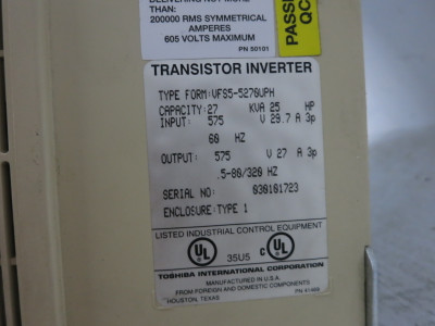 Toshiba VFS5-5270UPH 25 HP Transistor Inverter 575V AC VS Drive S5 VFD 575 VAC (DW8605-2)