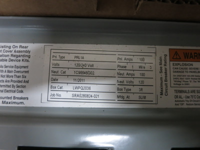 NEW Eaton PRL1A 100A 120/240V Main Breaker Panel Interior 1PH 3W PRL 100 Amp (DW8637-3)