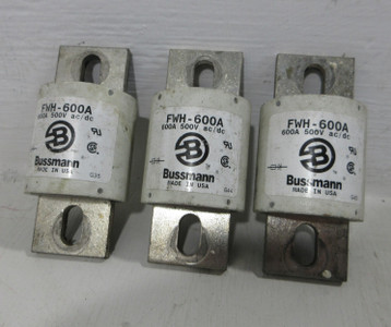Image of (LOT OF 3) Bussmann FWH-600A 600A Fuses 500VAC/DC Made In USA 600 Amp 500 Volt