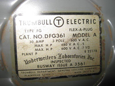Trumbull General Electric DFG361 30 Amp 600V Busway Bus Plug Fusible GE DFG 361 (EBI4867-57)
