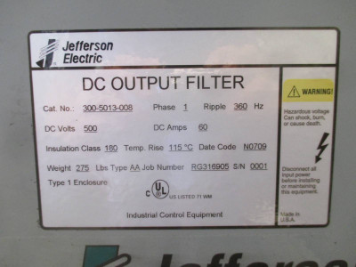 NEW Jefferson DC Output Filter 300-5013-008 w DC Choke 123-6735-000 60A 500V 1PH (PM0579-1)