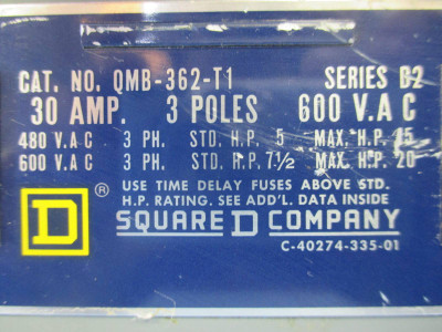 Square D QMB-362-T1 QMB 30 Amp 600 VAC Fusible Branch Switch D2 Series QMB362T1 (TK0273-133)
