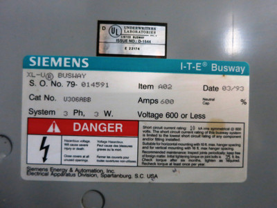 Siemens XL-U Busway U306ABB 600A 3PH 3W 600V End Tap Box Bus Bar Duct 600 Amp (PM0824-1)