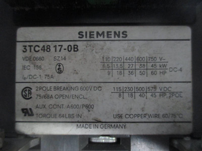 Siemens 3TC48-17-0B 75 Amp 2 Pole DC Contactor 600V DC 120V Coil 45 HP 2POL (TK0565-8)