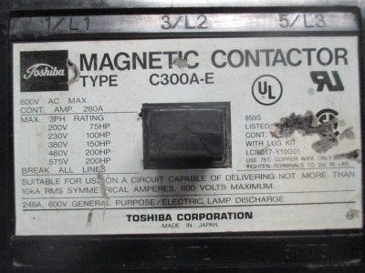 Toshiba C300A-E 280 Amp Magnetic Contactor 280A 240V Coil 600 Vac 200 HP 220 Vdc (TK0626-1)