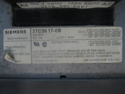 Siemens 3TC5617-0B 330 Amp 2 Pole DC Contactor 600V DC 120V Coil 150 HP 2Ph (TK0682-23)