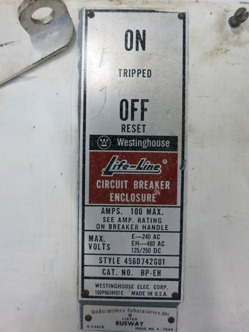 Westinghouse 100A BP-EH Breaker Bus Plug 240/480V 456D742G01 BPEH Busway 100 Amp (PM1525-10)