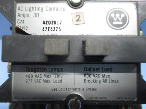 Westinghouse A202K17 30 Amp AC Lighting Contactor 277V Coil 600 Vac 30A 47E4275 (TK1199-11)