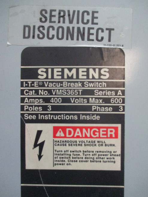 Siemens VMS365T w Hardware 400 Amp 600V Fusible ITE Vacu-Break Panelboard Switch (TK1250-1)